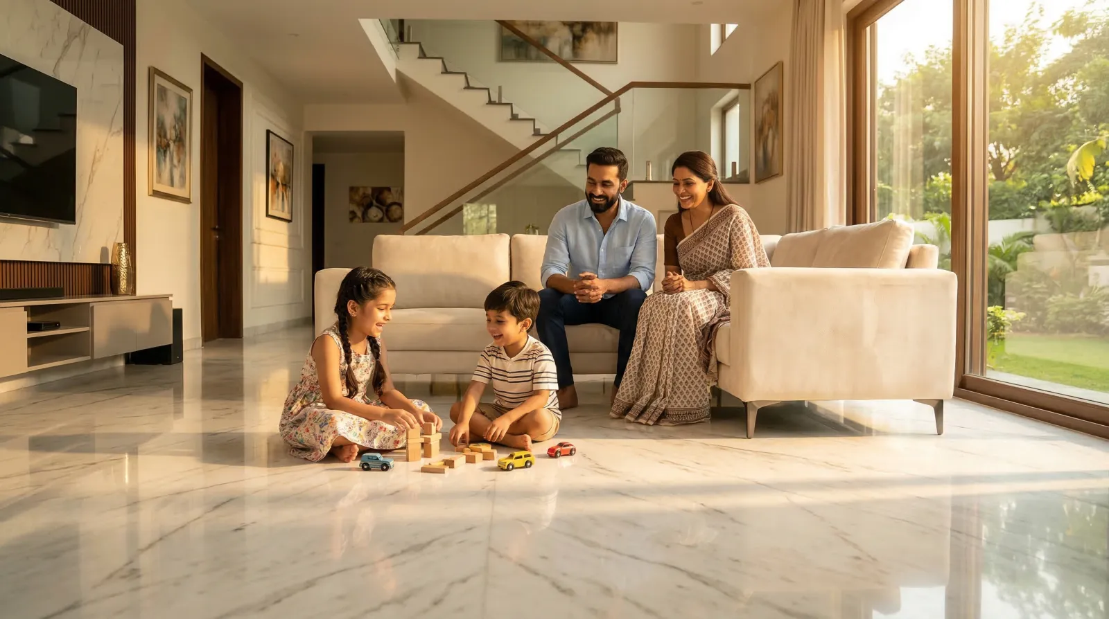 Happy family on marble floor