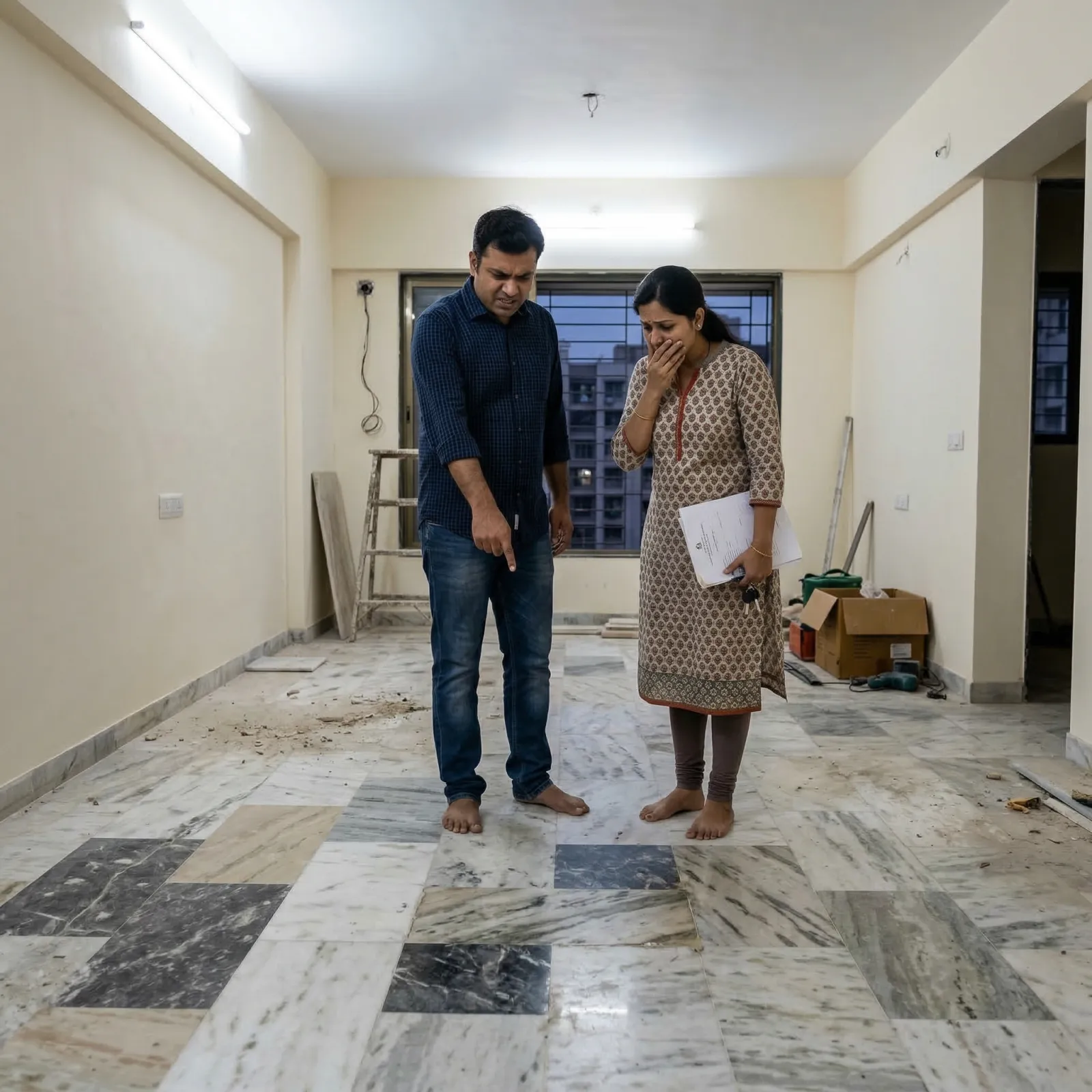 Frustrated homeowner choosing stone