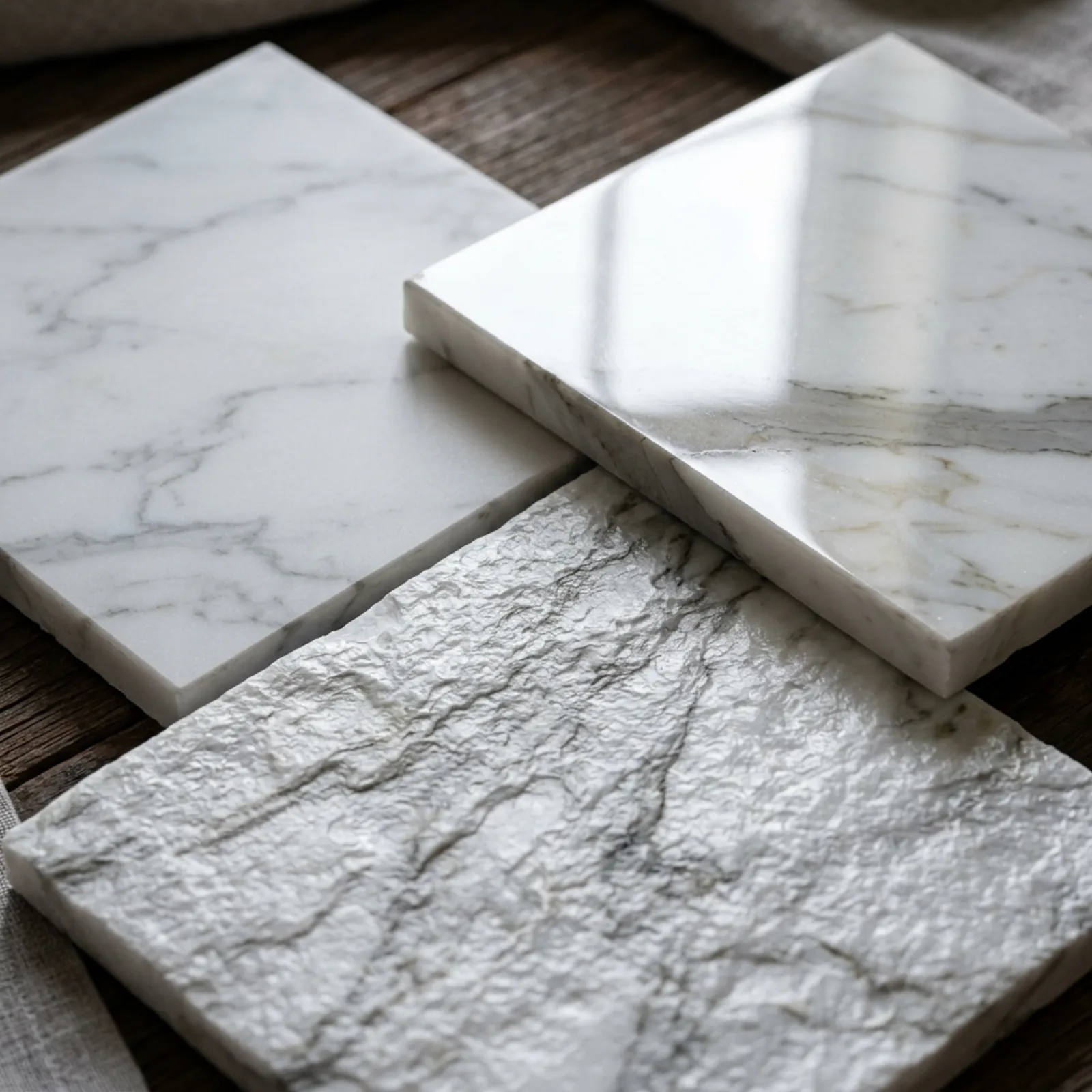The same Statuario marble in three finishes — polished, honed, and leathered