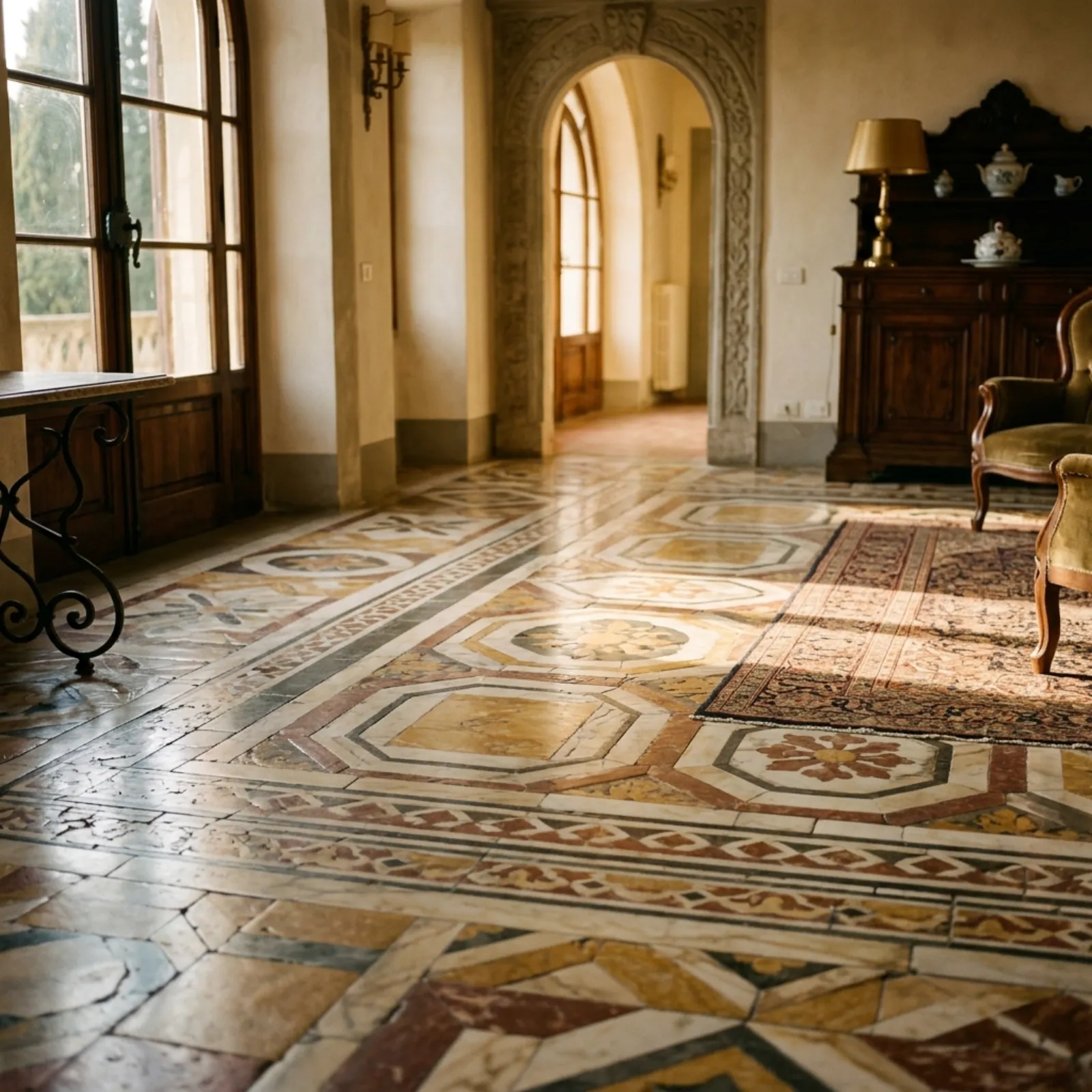 A century-old Italian marble floor — more beautiful for having been lived with